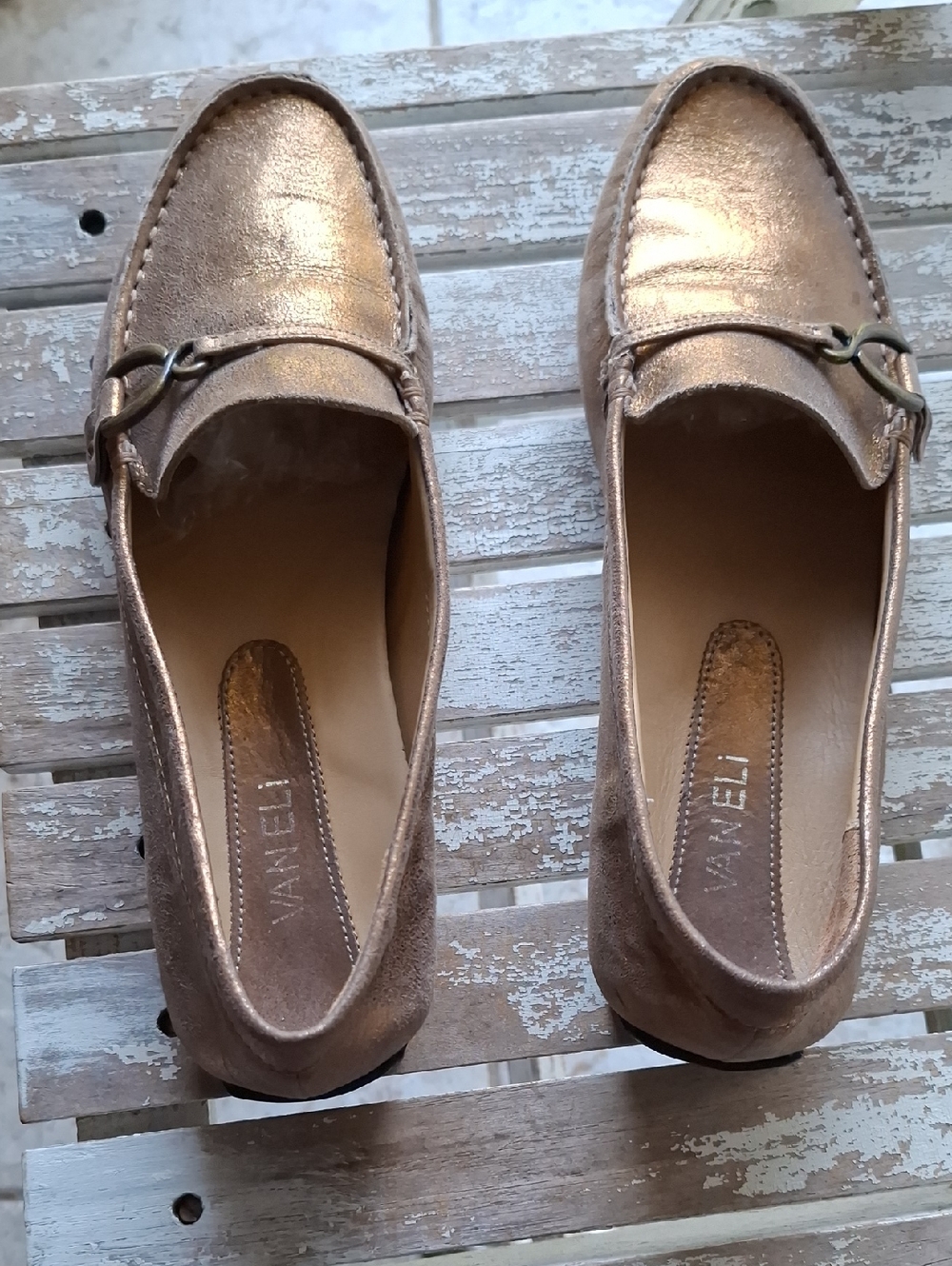 Vaneli Metallic Rose Gold Slip-On Loafers with Bit Detail